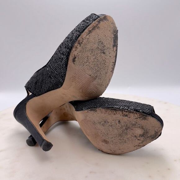 BCBGMAXAZRIA Bodhi Black Sequin Peep Toe Heels 7.5 Pumps Holiday Party Shoe NYE - Picture 6 of 11